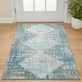 3' X 5' Teal And Beige Geometric Washable Area Rug With UV Protection