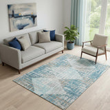 5' X 8' Teal And Beige Geometric Washable Area Rug With UV Protection
