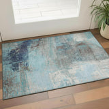 3' X 5' Teal And Ivory Abstract Washable Area Rug With UV Protection