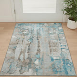 3' X 5' Teal And Ivory Abstract Washable Area Rug With UV Protection