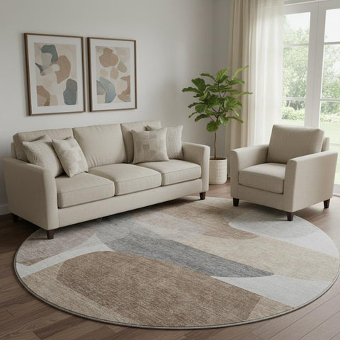 8' Coffee And Gray Abstract Washable Round Rug With UV Protection