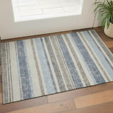 3' X 5' Navy Blue And Beige Striped Washable Area Rug With UV Protection