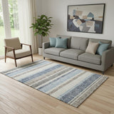 5' X 8' Navy Blue And Beige Striped Washable Area Rug With UV Protection