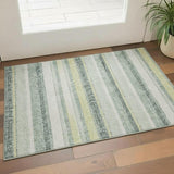3' X 5' Pale Aqua And Beige Striped Washable Area Rug With UV Protection