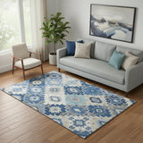 5' X 8' Blue And Beige Geometric Washable Area Rug With UV Protection