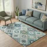 5' X 8' Teal And Ivory Geometric Washable Area Rug With UV Protection