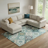 8' X 10' Teal And Ivory Geometric Washable Area Rug With UV Protection