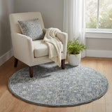 5' Blue And Ivory Wool Floral Hand Tufted Round Rug