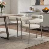 Set of Two Light Gray and Gunmetal Boucle and Stainless Steel Open Back Dining Arm Chairs