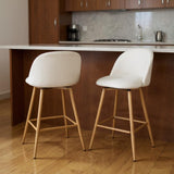 Set of Two 27" Beige And Oak Fabric And Metal Low Back Counter Height Swivel Bar Chairs