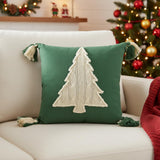 18" Green And Ivory Cotton Christmas Tree Throw Pillow with Tassels