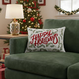 14" X 20" Ivory Red And Green Cotton Happy Holidays Throw Pillow With Embroidery