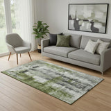5' X 8' Olive Green Charcoal And Ivory Abstract Washable Area Rug With UV Protection