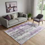 5' X 8' Purple Charcoal And Ivory Abstract Washable Area Rug With UV Protection