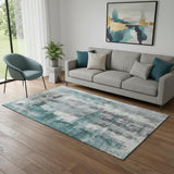 5' X 8' Teal Charcoal And Ivory Abstract Washable Area Rug With UV Protection