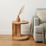 18" Brown Rattan and Solid Wood Round End Table