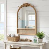 36" Brown Wood And Rattan Arch With Scroll Framed Accent Mirror