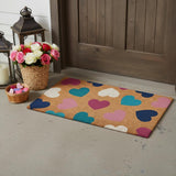 17" X 29" Brown Blue Navy Blue And Light Pink Hearts Outdoor Coir Door Mat