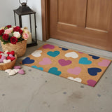 24" X 36" Brown Blue Navy Blue And Light Pink Hearts Outdoor Coir Door Mat