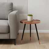 20" Walnut Black And Rose Gold Wood and Stainless Steel Round End Table