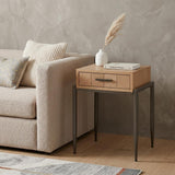 25" Natural and Bronze Wood and Steel End Table With Drawer