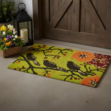 17" X 29" Green Black And Orange Floral Birds Outdoor Coir Door Mat