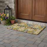 30" X 48" Brown Light Blue And Green Floral Welcome Outdoor Coir Door Mat