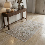 3' X 5' Ivory Gray And Gold Floral Area Rug With Fringe
