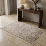 3' X 5' Ivory Gray And Gold Oriental Area Rug With Fringe