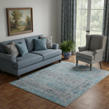 5' X 8' Blue And Ivory Oriental Hand Woven Area Rug