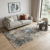 5' X 8' Blue And Orange Medallion Distressed Area Rug With Fringe
