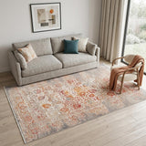 5' X 8' Orange And Red Floral Distressed Area Rug With Fringe