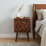24" Chestnut Solid Wood Square Carved Geometric Two Drawer Nightstand