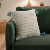 20" Blue And Ivory Striped Cotton Blend Throw Pillow Cover with Fringe