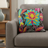 Set of Two 16" Black And Blue Floral Cotton Throw Pillows with Embroidery