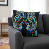 Set of Two 18" Black And Blue Peacock Cotton Throw Pillows with Embroidery