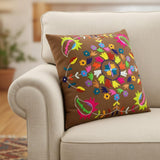 Set of Two 20" Brown And Pink Floral Cotton Throw Pillows with Embroidery