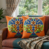 Set of Two 16" Orange And Blue Patchwork Tree Cotton Throw Pillows with Applique And Embroidery