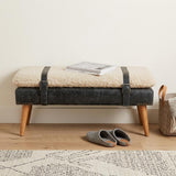 35" Ivory Olive Green and Natural Boucle And Genuine Leather and Solid Wood Upholstered Bench