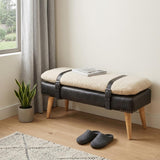 35" Beige Black and Brown Boucle Genuine Leather and Solid Wood Upholstered Bench
