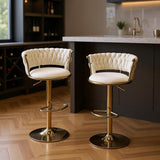 Set of Two Beige And Gold Velvet And Metal Low Back Adjustable Height Swivel Bar Chairs