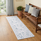 7' Ivory And Blue Oriental Washable Runner Rug