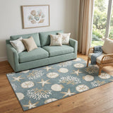 5' X 7' Blue And Beige Seashell and Coral Area Rug