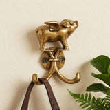 Two Hook 2" Antiqued Gold Cast Iron Pig Wall Hooks