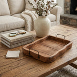 20" Brown Solid Wood Handmade Scalloped Serving Tray With Handles
