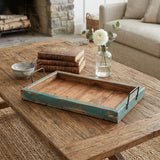21" Natural And Turquoise Solid Wood Handmade Serving Tray With Handles