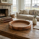 15" Natural Solid Wood Handmade Round Serving Tray With Handles