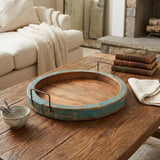 15" Natural And Turquoise Solid Wood Handmade Round Serving Tray With Handles