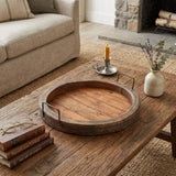 15" Gray And Natural Solid Wood Handmade Round Serving Tray With Handles