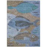 5' X 8' Taupe And Denim Blue Tropical Fish Washable Indoor Outdoor Area Rug